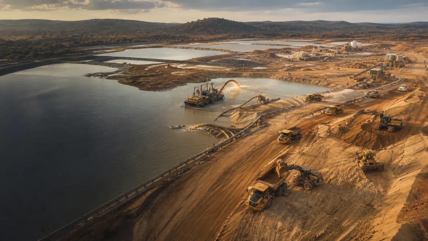 Aerial view of an organised sand extraction and dredging site