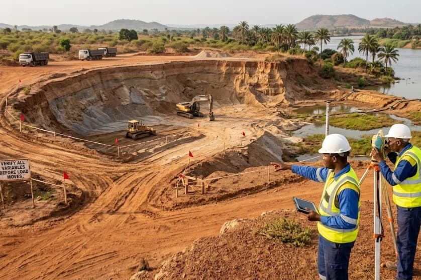 Aerial view of the extraction pit with machinery working below while the ground is surveyed from the rim