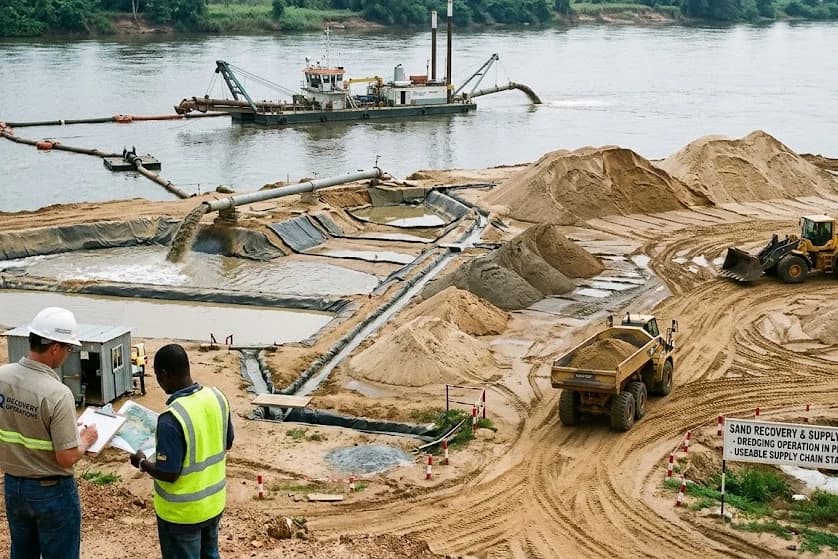 Dredger recovering sand from the river and discharging it through pipelines into the recovery and supply facility