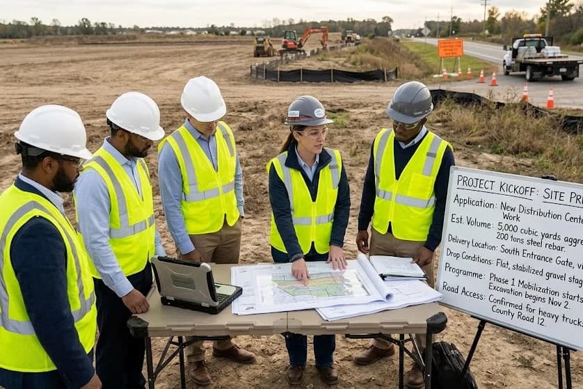 Site team reviewing drawings, volumes, access, and delivery conditions before material is ordered