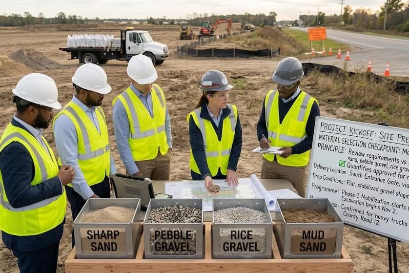 Sharp sand, pebble gravel, rice gravel, and mud sand samples compared against a site requirement