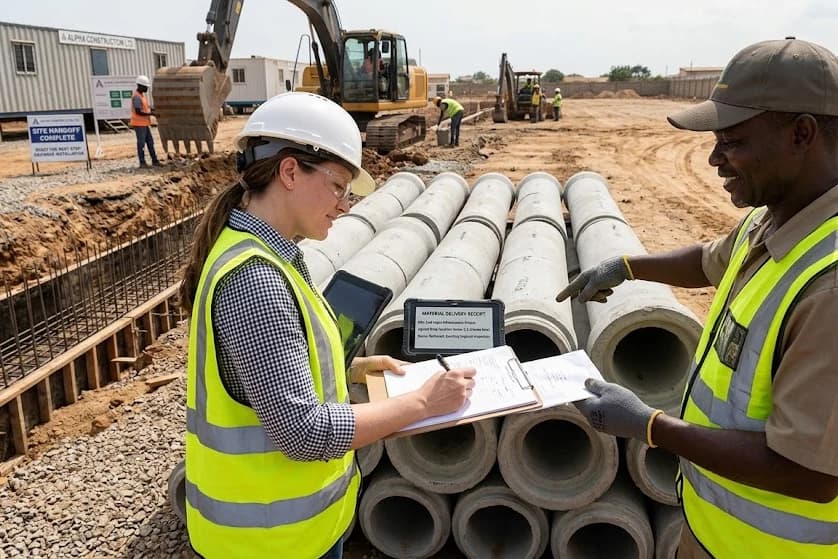 Delivered material being checked and signed over with the receiving site team