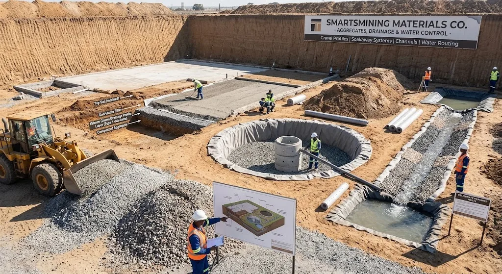 Gravel drainage layers, channels, and a soakaway ring being installed to route water across a site