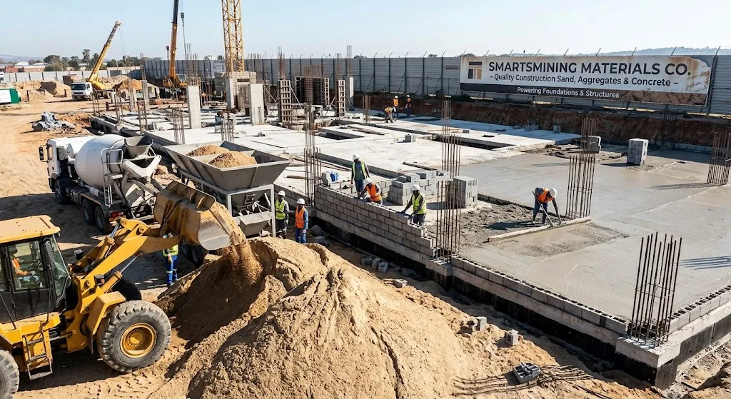 Concrete foundations, blockwork, and reinforcement being placed on a construction site supplied with Smartsmining sand