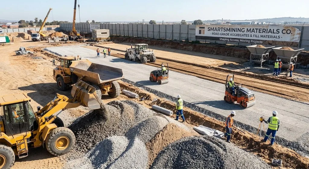 Roller compacting a graded aggregate access road while loaders and trucks place fill on a working site